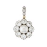 An impressive late Victorian silver and gold, natural pearl and diamond cluster pendant