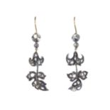 A pair of silver and gold, rose-cut diamond foliate drop earrings