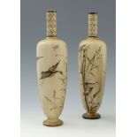 Edwin Martin for Martin Brothers, a pair of wildflower and wetland stoneware bird vases, 1887,