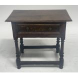 A Charles II oak side table, circa 1680, moulded overhanging top, single long frieze drawer with