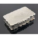 A Victorian silver snuff box, George Unite, Birmingham 1890, ogee bordered cubid form, chased with