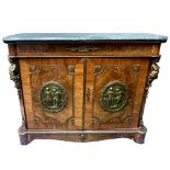 A walnut pier cabinet of Louis XVI design, green veined marble top, gilt metal mounts, twin burr