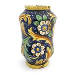 An Italian Maiolica albarello pharmacy jar, probably 17th century, waisted shouldered form,