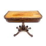 A Regency mahogany tea table, circa 1820, satinwood crossbanded fold-over top, single frieze drawer,