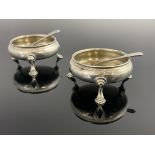 A pair of George III silver salts, John Muns, London 1767, on hoof feet, associated silver plated