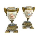 Collet, pair of porcelain metal mounted vases, urn form, painted with muses and putti in clouds,