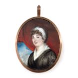 A 19th century portrait miniature of Mrs Skirrow, Nee Walker, oval with red curtain, wearing a