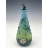 Sally Tuffin for Dennis Chinaworks, dragonfly and kingfisher bottle vase and cover, tear drop form,