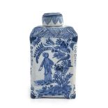 A Dutch Delft blue and white tea caddy, 18th century, cuboid form, painted with Chinese style