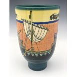 Sally Tuffin for Dennis Chinaworks, I Draw Three Ships vase, footed cylindrical form, 22.5cm high