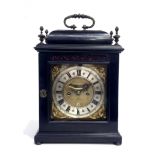 Paul Beauvais, London, a George II bracket clock, ebonised case, caddy top with brass swing handle