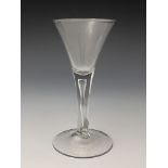 An air stem wine glass, circa 1760, the trumpet bowl on a plain stem with central elongated bubble