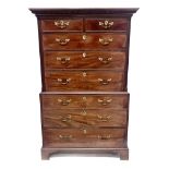 A George III mahogany chest on chest, circa 1790, moulded dentil cornice, two short over three