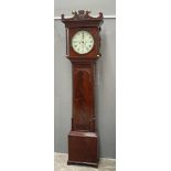 Sutherland, Elgin, a 19th Century Scottish flame mahogany longcase clock, pediment hood, circular