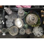 A collection of glass, including two decanters with stoppers, Koloman Moser silver plate crackled