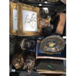 Assorted treen and works of art, to include Japanned lacquer swing basket, dolls miniature chest