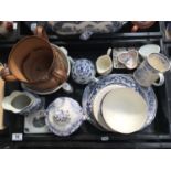 A collection of ceramics, including two Sunderland lustre plates and bowl, a stoneware tyg with