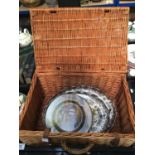 A Fortnum & Mason wicker basket, containing series ware including Wedgwood Country Days, Palissy