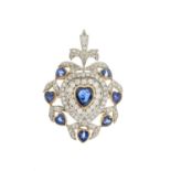 An 18ct gold heart-shape sapphire and brilliant-cut diamond openwork pendant, with similarly-set