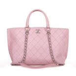 Chanel, a pink quilted leather handbag, crafted from pink quilted leather, with polished silver-tone