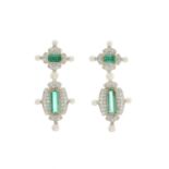 A pair of 18ct gold Colombian emerald drop earrings, each with pave-set diamond and seed pearl