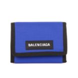 Balenciaga, a nylon wallet, crafted with a blue nylon exterior and black nylon trim, featuring the