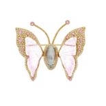 An 18ct gold pink sapphire and brilliant-cut diamond butterfly brooch, with baroque pearl central