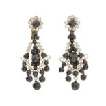 A pair of 18ct gold rose-cut diamond and black diamond chandelier drop earrings, with similarly-