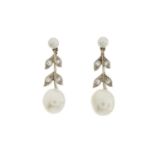 A pair of Edwardian natural pearl and single-cut diamond foliate drop earrings, with report from