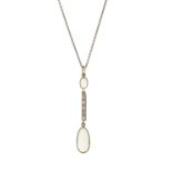 An Edwardian oval moonstone cabochon drop pendant, with single-cut diamond line spacer and moonstone