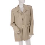 Aquascutum, a cream jacket, featuring a notched lapel collar, buttoned epaulettes, waist belt and