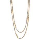 A late Victorian gold, fancy-link longuard chain necklace, with push-piece barrel clasp, length