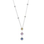 An 18ct gold vari-hue sapphire and brilliant-cut diamond triple cluster drop pendant, with knife-