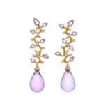 A pair of 18ct gold amethyst briolette drop earrings, with pear-shape amethyst and brilliant-cut