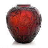 Rene Lalique, a Perruches red amber glass vase, model 876, designed circa 1919, polished and frosted