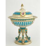 A late 19th century Minton pot pourri bowl on integrated stand, reticulated domed cover with rose