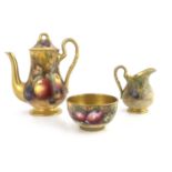 Horace Price and Walter Austin for Royal Worcester, a fruit painted three piece coffee set, circa