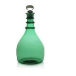 A George III Bristol green glass decanter, circa 1780, broad based taper with three ring neck,