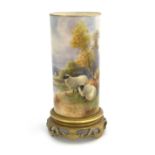 Harry Davis for Royal Worcester a sheep painted spill vase, circa 1925, cylindrical form, on