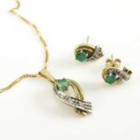 A 9ct gold emerald and diamond set pendant, claw set emerald and pave set crossover ribbon band, and