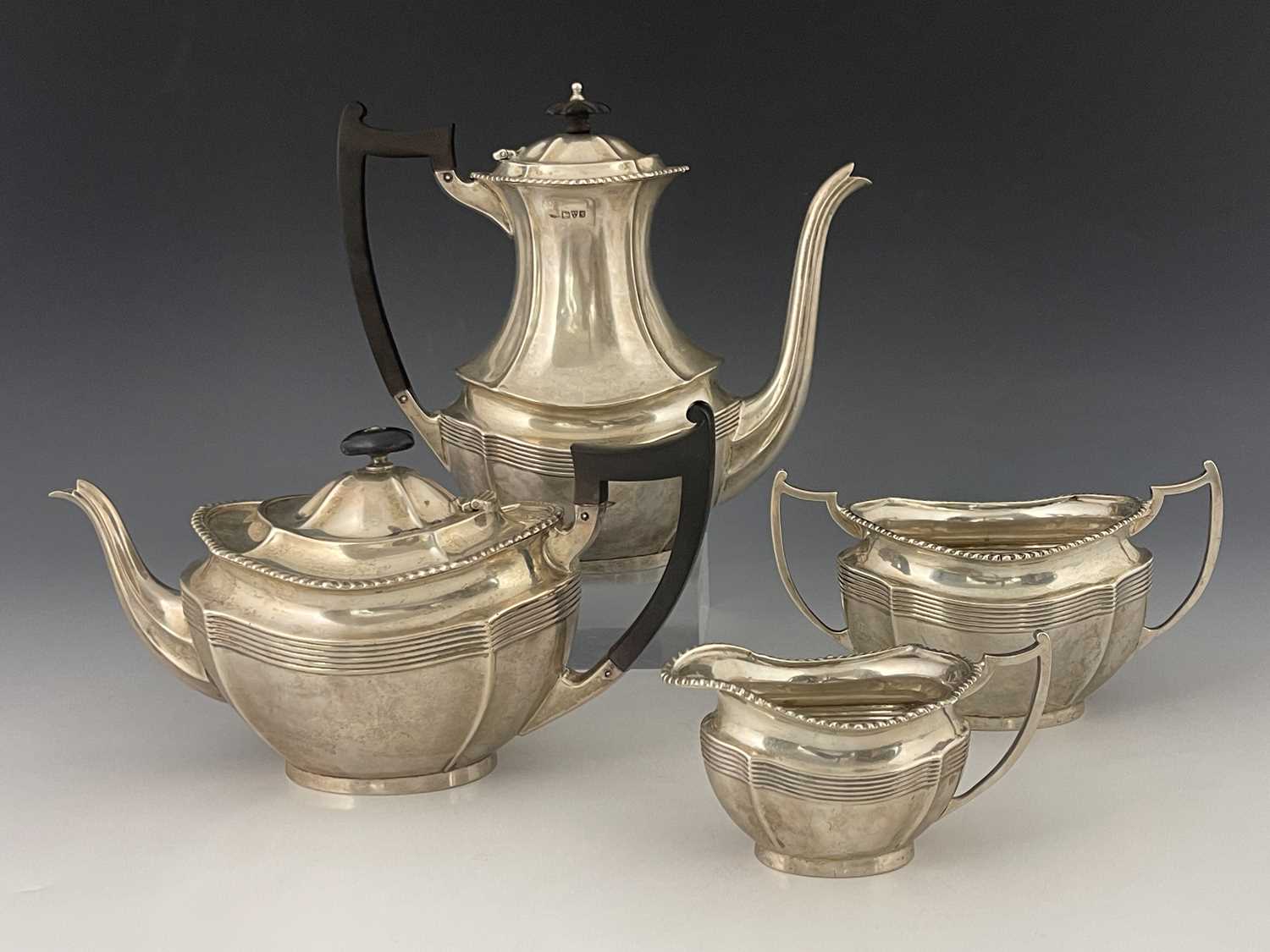 An Edwardian silver four piece tea and coffee set, Barker Brothers, London 1907, ogee section boat - Image 3 of 5