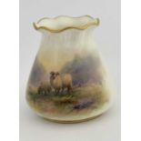 Harry Davis for Royal Worcester, a sheep painted vase, circa 1954, tapered form with wavy rim and