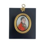A 19th century military portrait miniature, depicting an army officer in red jacket, oval half