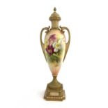 Frank Roberts for Royal Worcester, a floral painted vase and cover, circa 1908, elongated ovoid twin