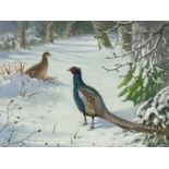 Robin Reckitt (British, 1928), pheasants in a snowy landscape, signed and dated 1985 l..r,