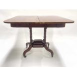A Regency mahogany tea table, circa 1820, satinwood crossbanded fold-over top, single frieze drawer,