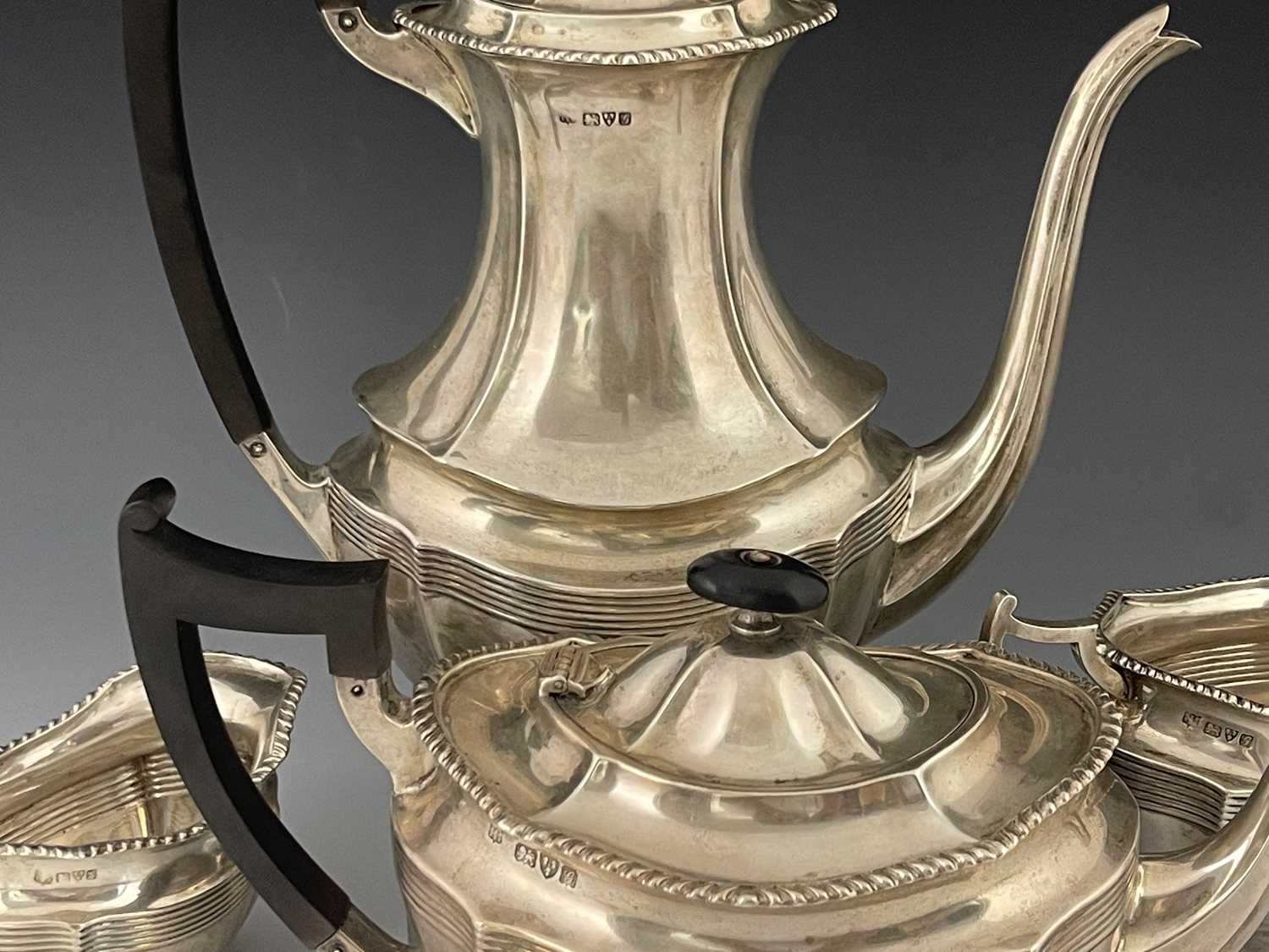 An Edwardian silver four piece tea and coffee set, Barker Brothers, London 1907, ogee section boat - Image 4 of 5