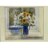 Y Pamela Kay (British, 1939), 'Sunflowers and Lilies in a Blue Jug', signed l.r., titled verso,