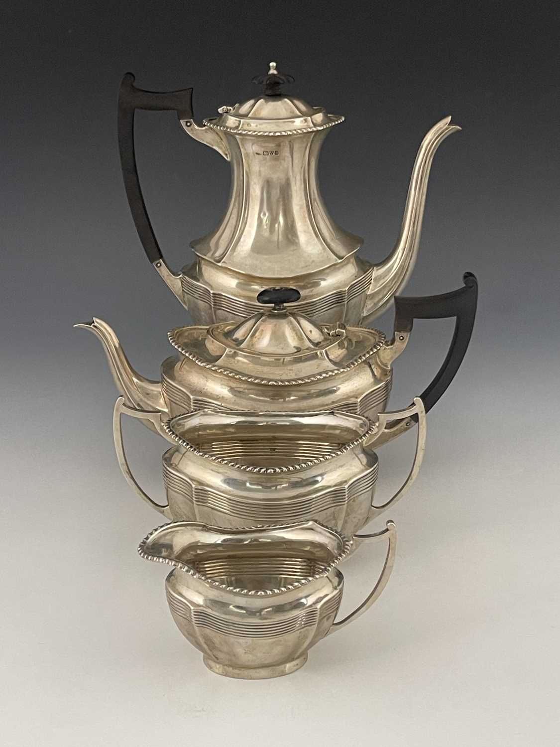 An Edwardian silver four piece tea and coffee set, Barker Brothers, London 1907, ogee section boat - Image 2 of 5