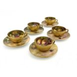 Townsend, Austin, Flexman et al for Royal Worcester, five fruit painted tea cups and saucers,